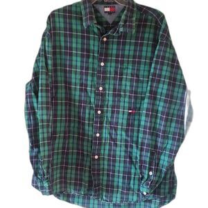 VTG Tommy Hilfiger Men’s XL Green Plaid Classic Button‑Down Shirt | Retro Y2K